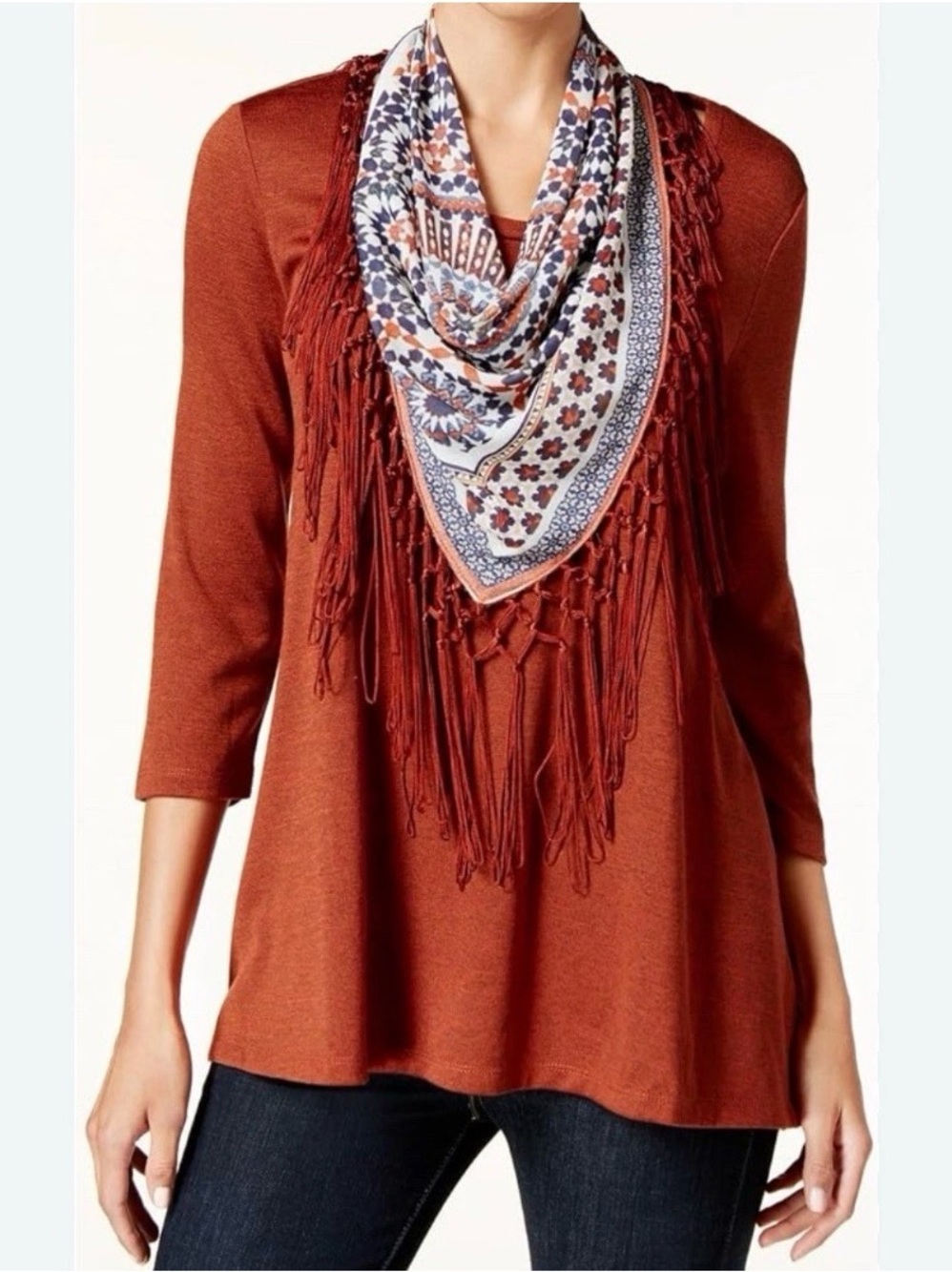 Style & Co. 3/4 Sleeve Top With Printed Removable Scarf Rich Auburn NWOT